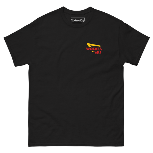 A black short-sleeve crewneck t-shirt with a small chest graphic featuring a yellow wolf head and red text that reads 'WOLVES CRY , In & Out burger 90s tee shirt