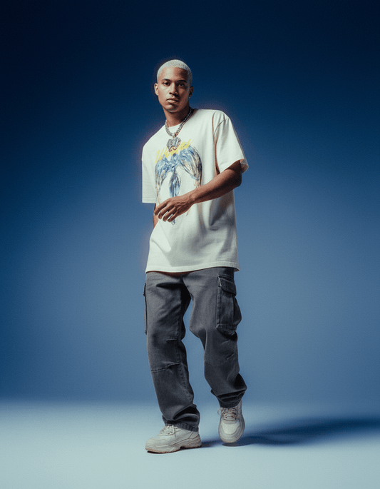 Wolves Cry Originals Angels tee in bone photographed under deep blue studio lighting for a bold streetwear look.
