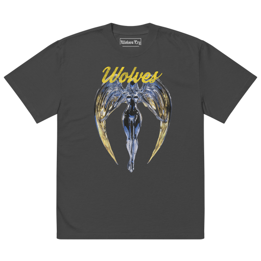Wolves Cry Originals oversized Angels tee in vintage black featuring metallic angel artwork and Wolves Cry lettering.