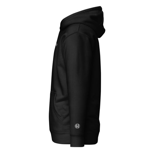 Side angle of black Wolves Cry Hoodie showing subtle white WC wrist monogram embroidery — timeless, minimalist edge.
