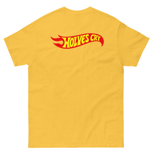 A yellow short-sleeve t-shirt shown from the back, featuring a red and yellow graphic logo on the upper back that reads ''Wolves Cry, hot wheels, style.