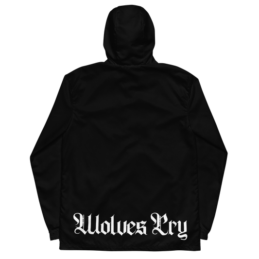 Black hooded jacket shown from the back with a white Gothic-style 'Wolves Cry' text graphic across the lower back, displayed on a solid white background.