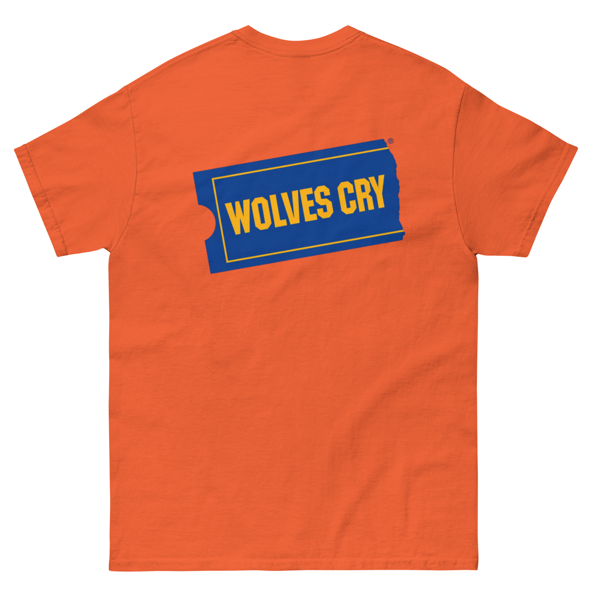 An orange short-sleeve t-shirt shown from the back, featuring a blue ticket-shaped graphic with yellow text that reads 'WOLVES CRY'.