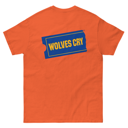 An orange short-sleeve t-shirt shown from the back, featuring a blue ticket-shaped graphic with yellow text that reads 'WOLVES CRY'.