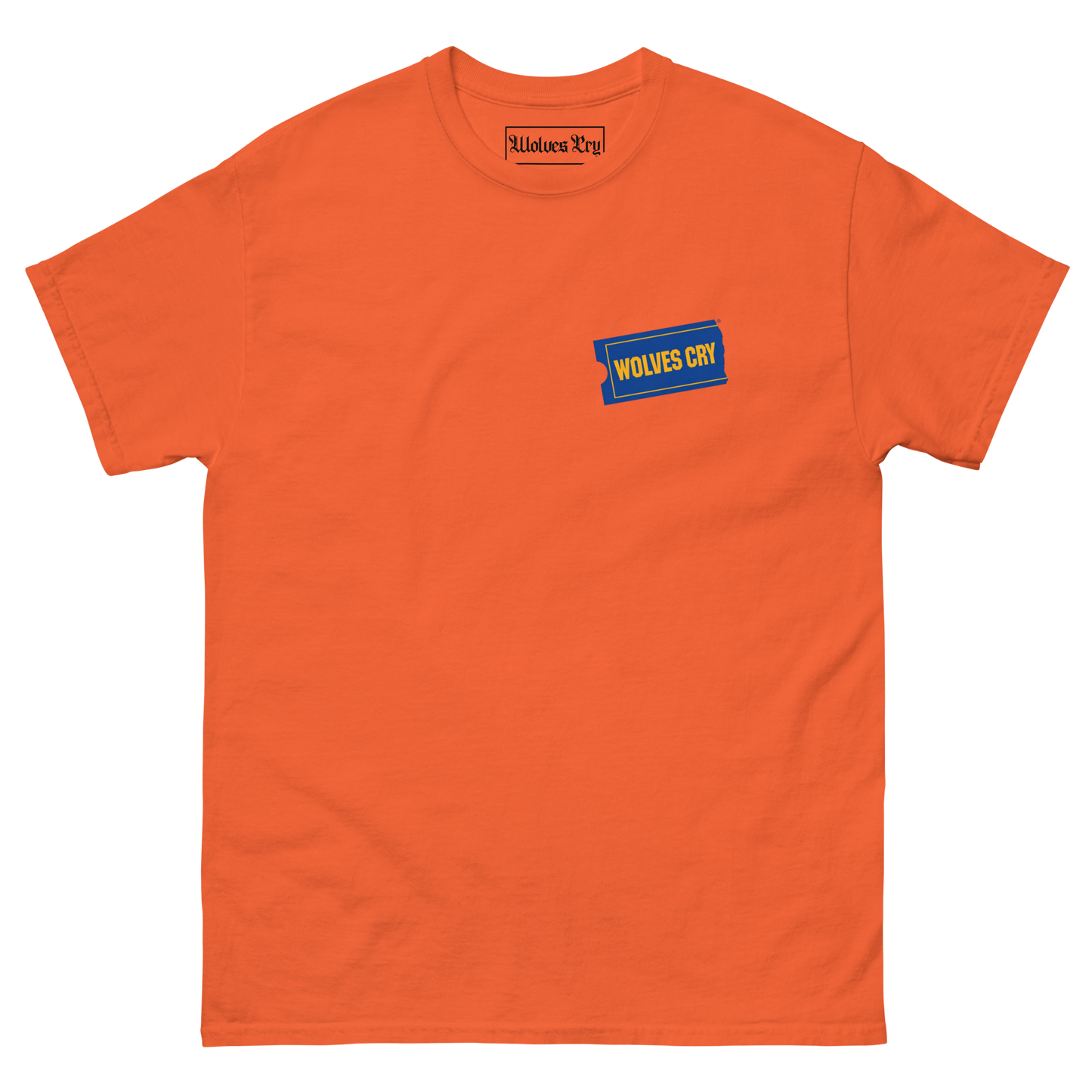 An orange crewneck t-shirt with a small blue and yellow graphic on the left chest that reads 'WOLVES CRY'. The brand name 'Wolves Cry' is also visible on the inner neck label.