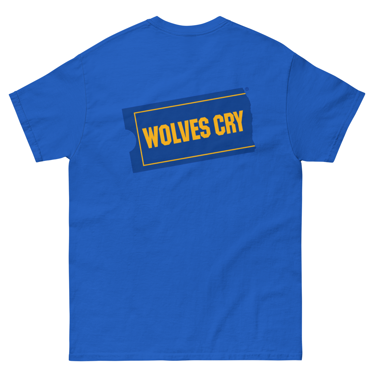 A royal Blockbuster movies tee shirt, 90s style, blue short-sleeve t-shirt shown from the back, featuring a graphic print of the word 'WOLVES CRY' in yellow text inside a dark blue and yellow outlined badge.