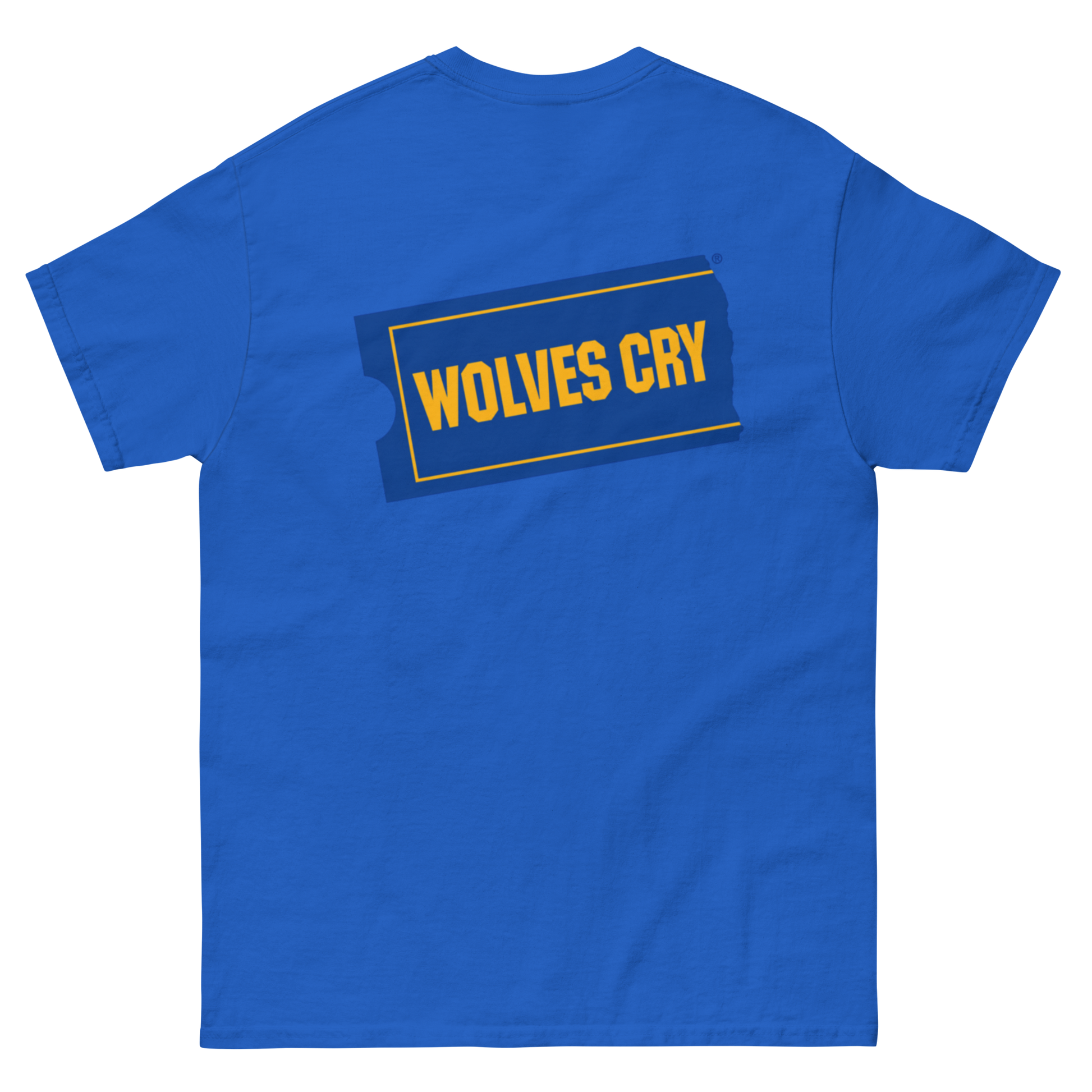 A royal Blockbuster movies tee shirt, 90s style, blue short-sleeve t-shirt shown from the back, featuring a graphic print of the word 'WOLVES CRY' in yellow text inside a dark blue and yellow outlined badge.