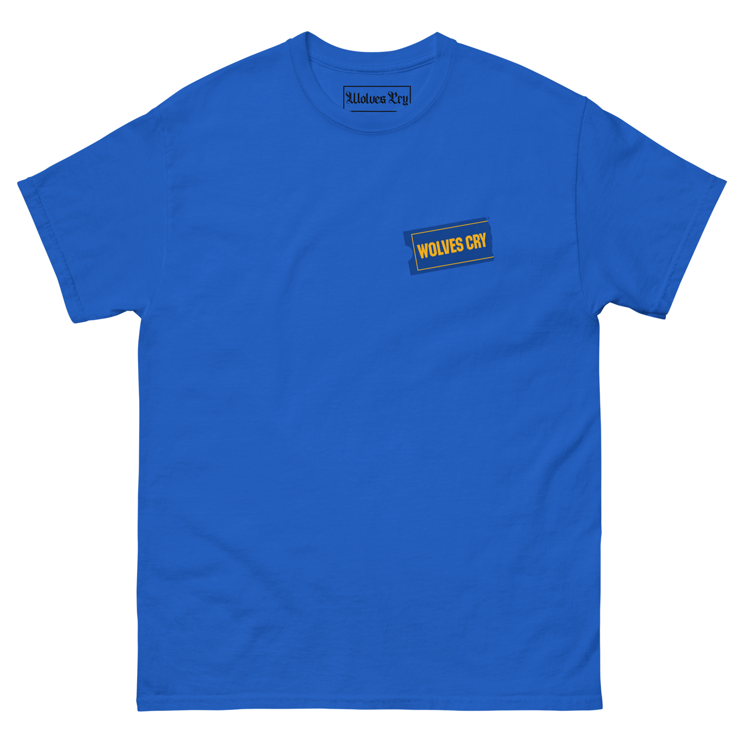 A royal Blockbuster 90s tee, blue short-sleeve crewneck t-shirt with a small rectangular chest graphic on the left side. The graphic features a dark blue border with the text 'WOLVES CRY' in yellow.
