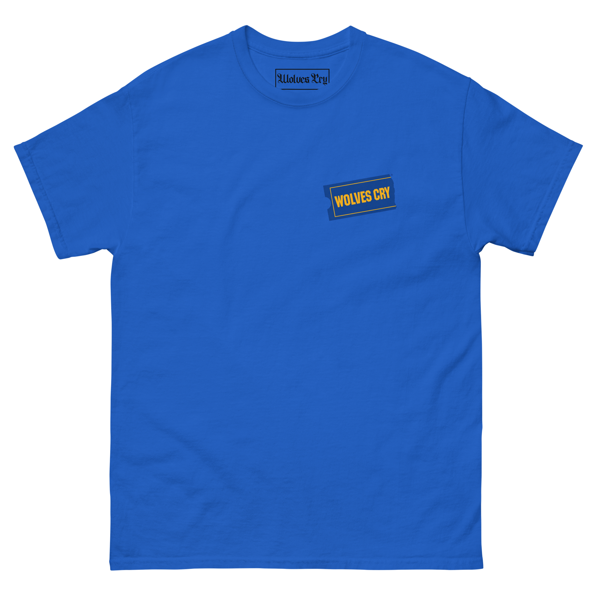 A royal Blockbuster 90s tee, blue short-sleeve crewneck t-shirt with a small rectangular chest graphic on the left side. The graphic features a dark blue border with the text 'WOLVES CRY' in yellow.