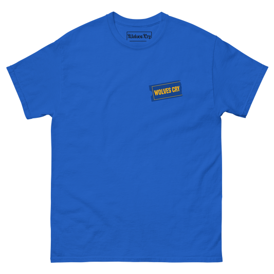 A royal Blockbuster 90s tee, blue short-sleeve crewneck t-shirt with a small rectangular chest graphic on the left side. The graphic features a dark blue border with the text 'WOLVES CRY' in yellow.