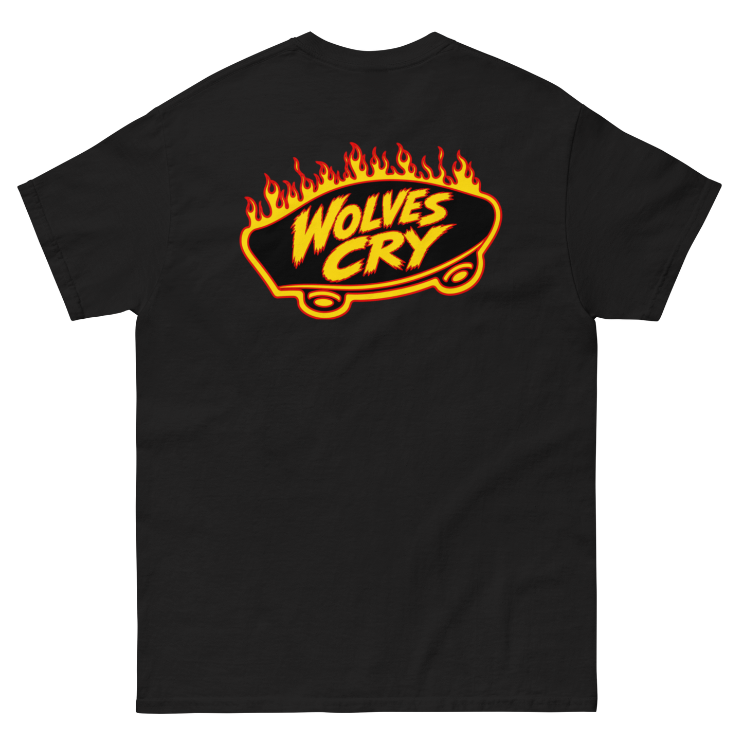 A black short-sleeve t-shirt with a large graphic on the chest featuring the words 'WOLVES CRY' in yellow over a flaming orange and yellow sign shape.