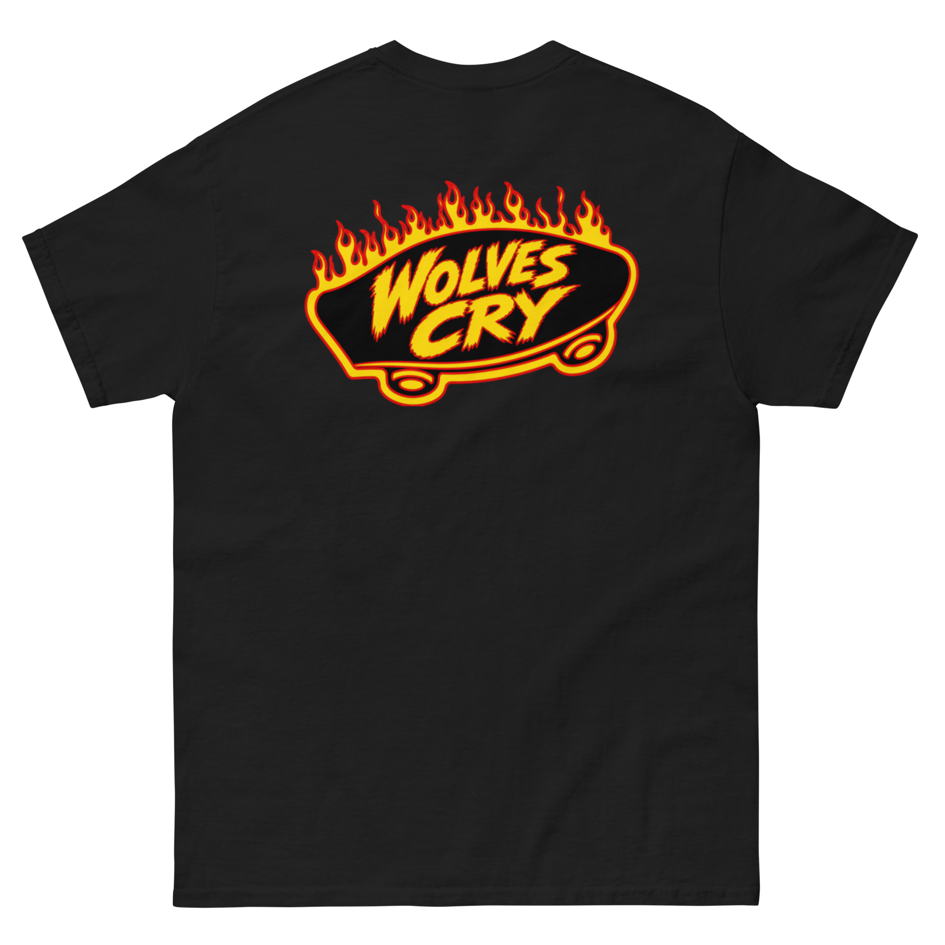 A black short-sleeve t-shirt with a large graphic on the chest featuring the words 'WOLVES CRY' in yellow over a flaming orange and yellow sign shape.