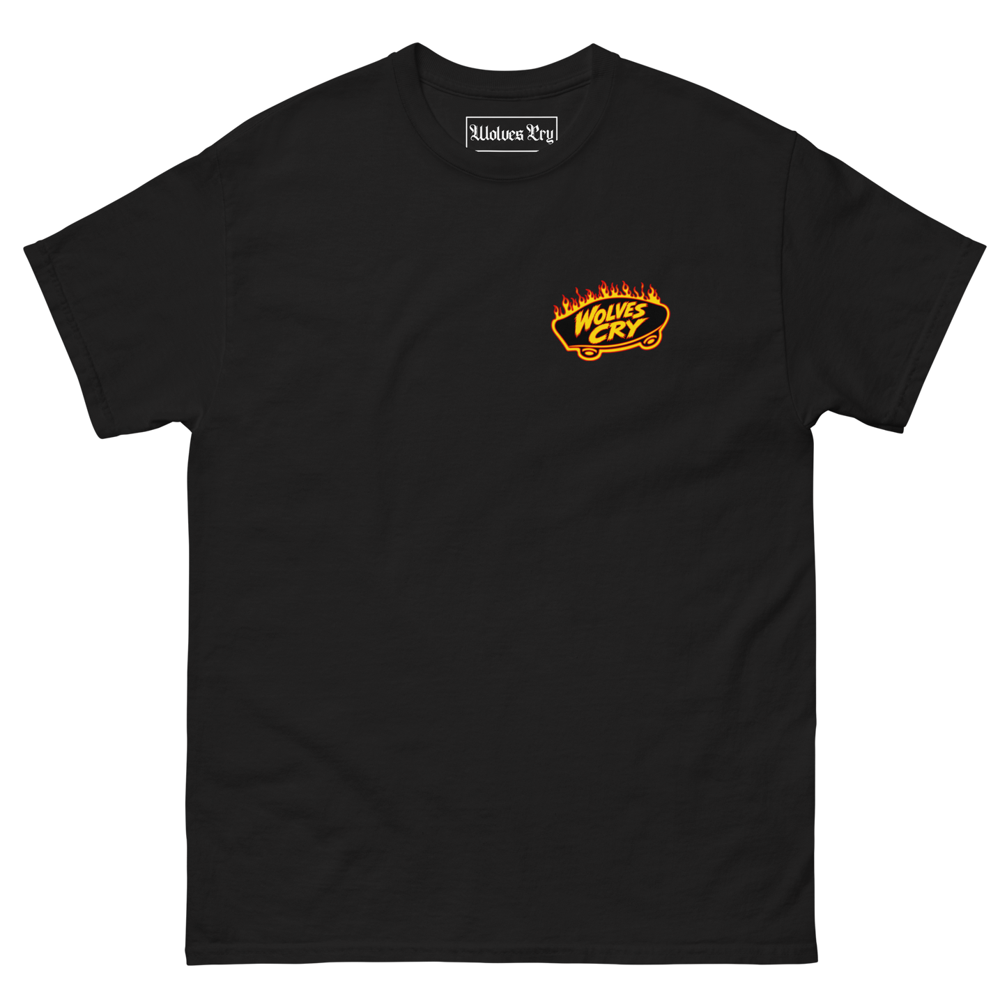 A black short-sleeve crewneck t-shirt with a small orange and yellow flame graphic on the left chest containing the text 'Thrasher, wolves cry'. The inner neck label shows the brand 'Halloween Rig'.