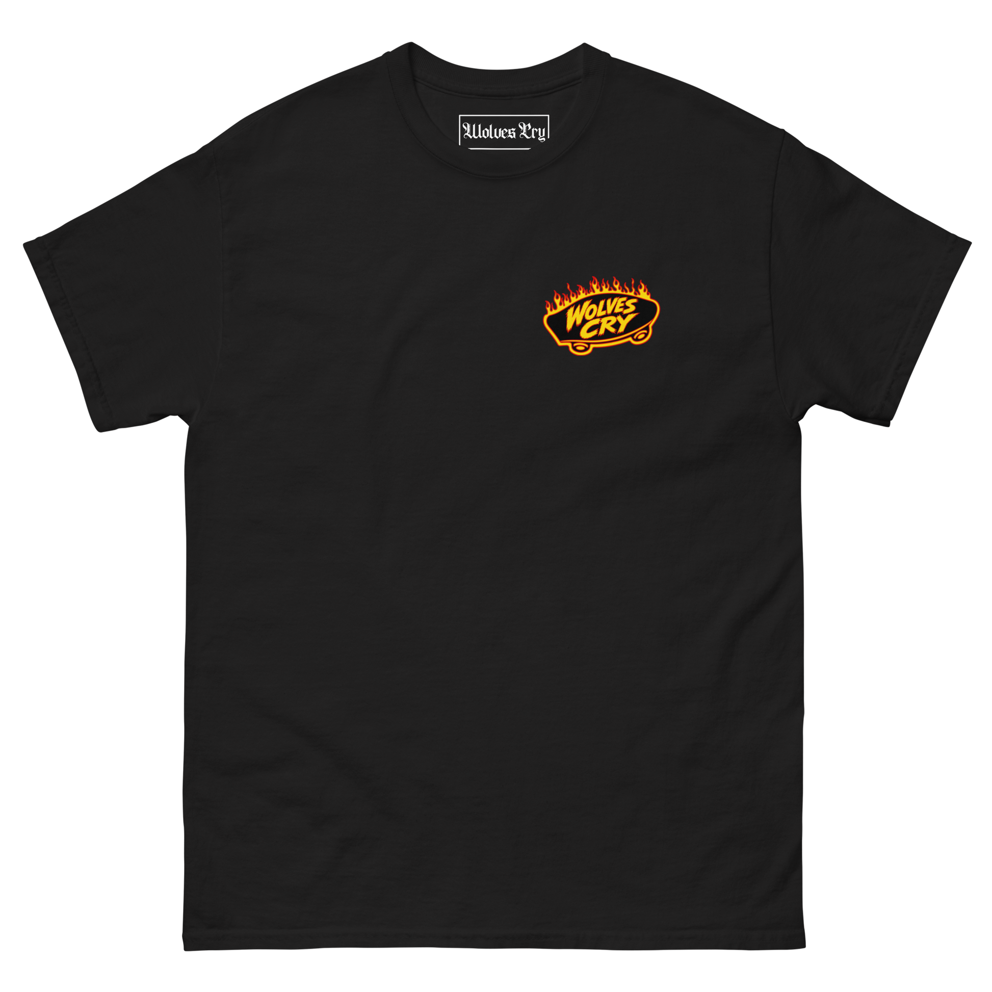 A black short-sleeve crewneck t-shirt with a small orange and yellow flame graphic on the left chest containing the text 'Thrasher, wolves cry'. The inner neck label shows the brand 'Halloween Rig'.