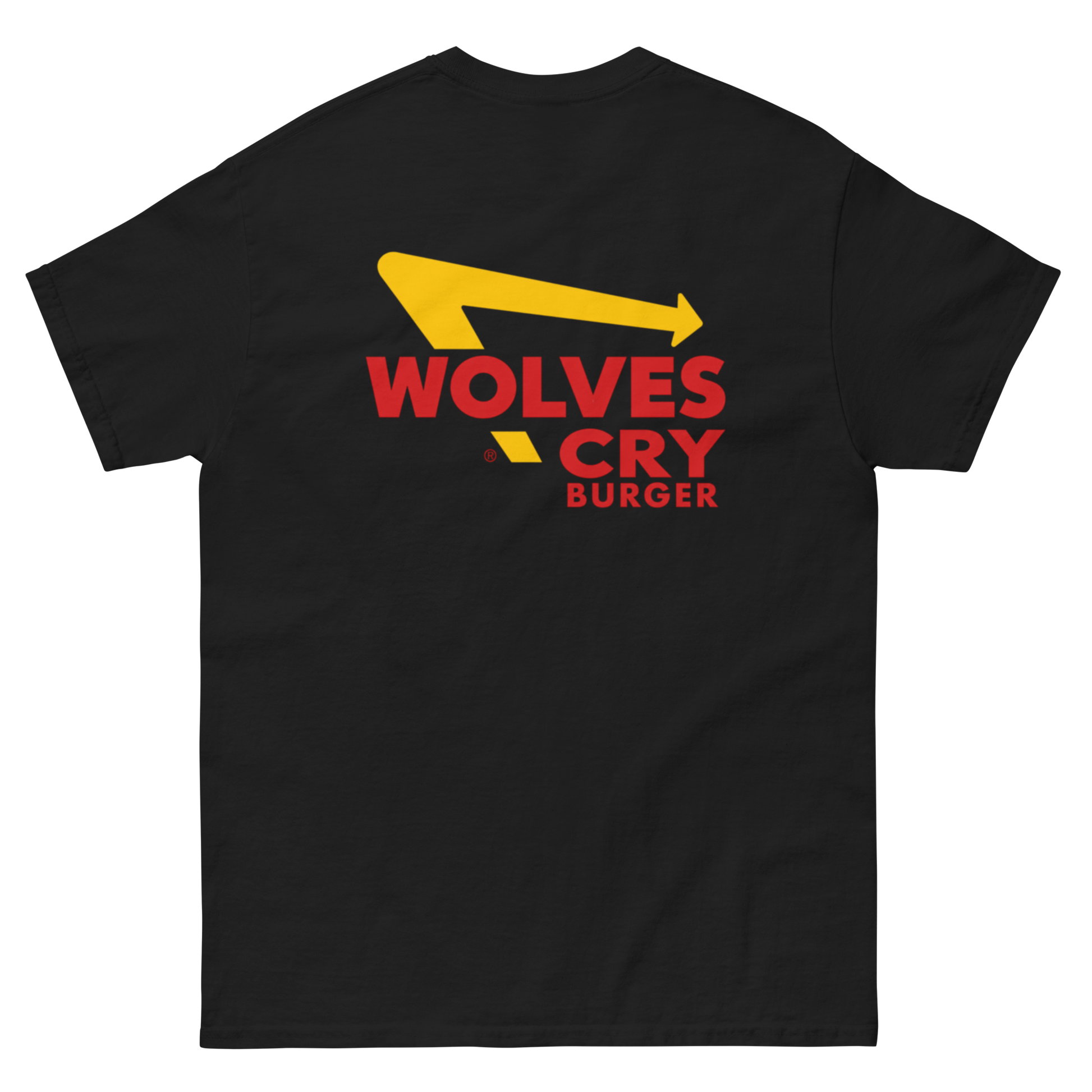 A black short-sleeve t-shirt with a graphic on the chest reading 'WOLVES CRY BURGER' in red, with a yellow arrow graphic above it, shown on a plain white background.