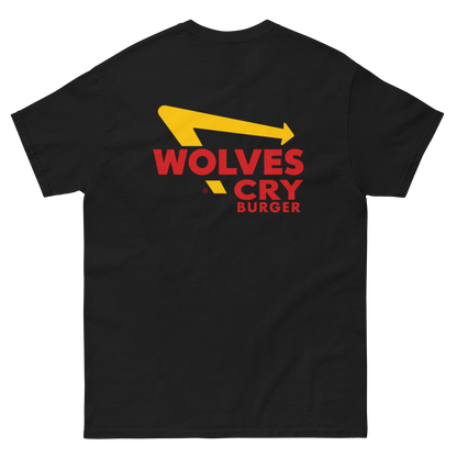 A black short-sleeve t-shirt with a graphic on the chest reading 'WOLVES CRY BURGER' in red, with a yellow arrow graphic above it, shown on a plain white background.