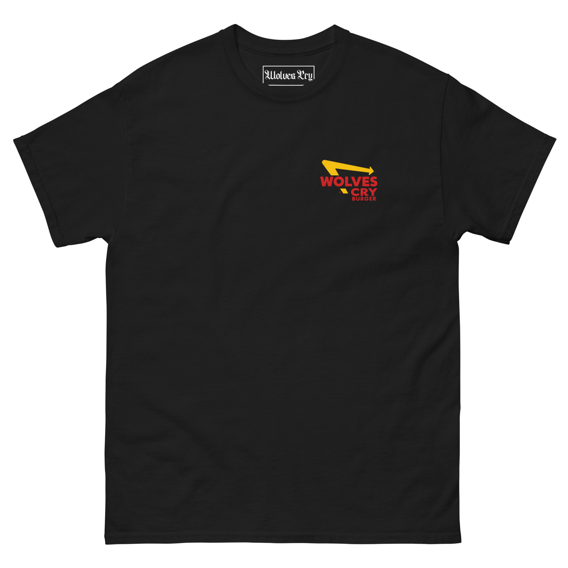 A black short-sleeve crewneck t-shirt with a small chest graphic featuring a yellow wolf head and red text that reads 'WOLVES CRY , In & Out burger 90s tee shirt