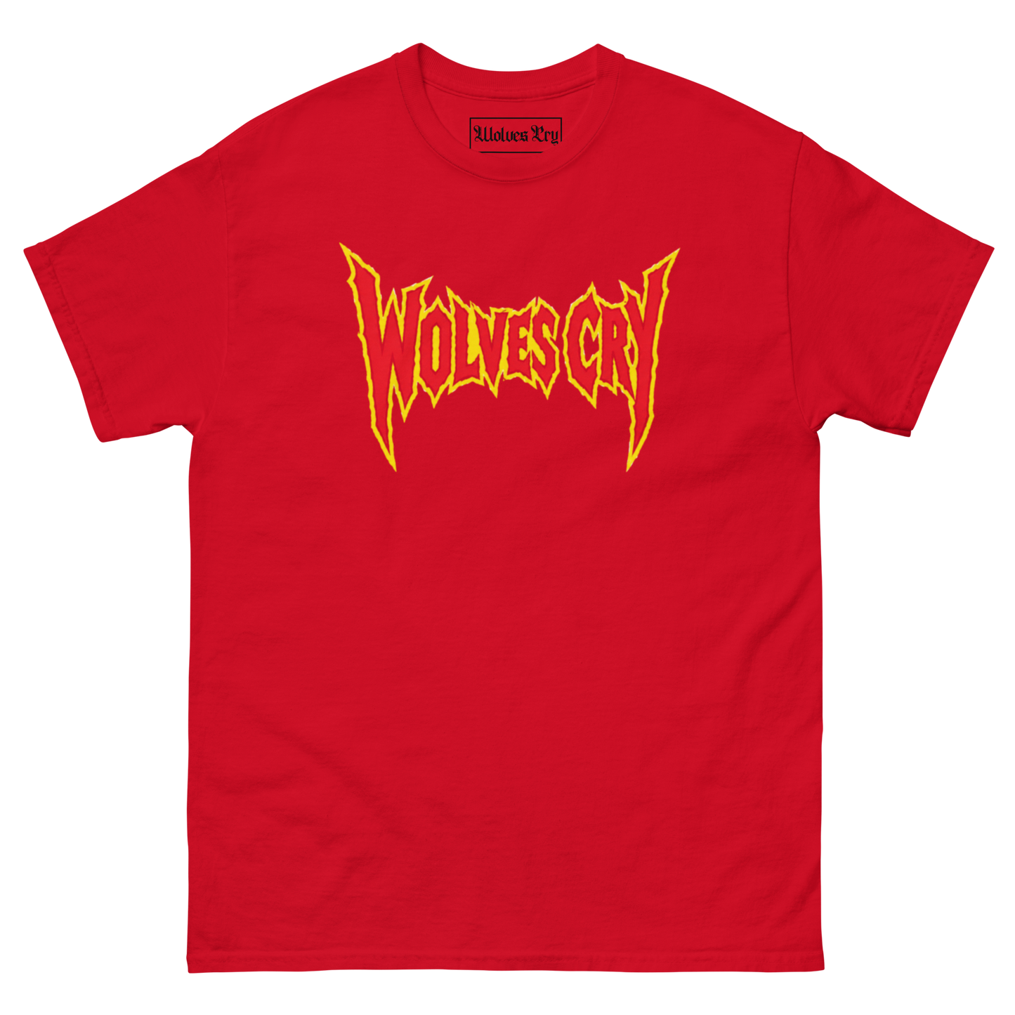 A red short-sleeve crewneck t-shirt featuring a stylized yellow and orange 'WOLVES CRY' graphic printed across the chest, displayed on a clean white background.