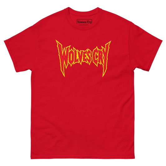A red short-sleeve crewneck t-shirt featuring a stylized yellow and orange 'WOLVES CRY' graphic printed across the chest, displayed on a clean white background.