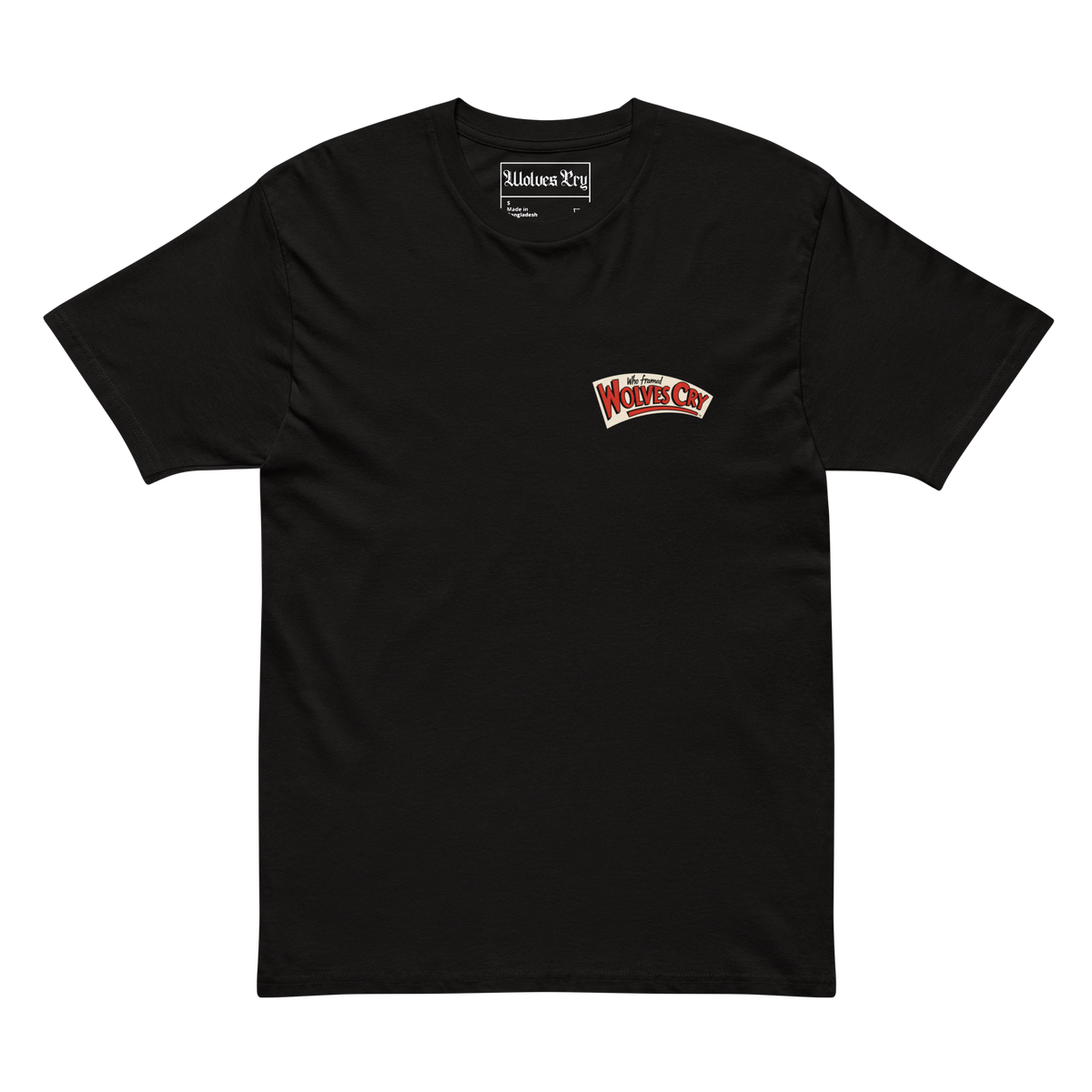 Front view of the Wolves Cry Roger Rabbit Classic Tee in black, featuring a small red-and-white Wolves Cry logo on the left chest.