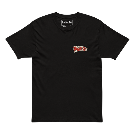 Front view of the Wolves Cry Roger Rabbit Classic Tee in black, featuring a small red-and-white Wolves Cry logo on the left chest.