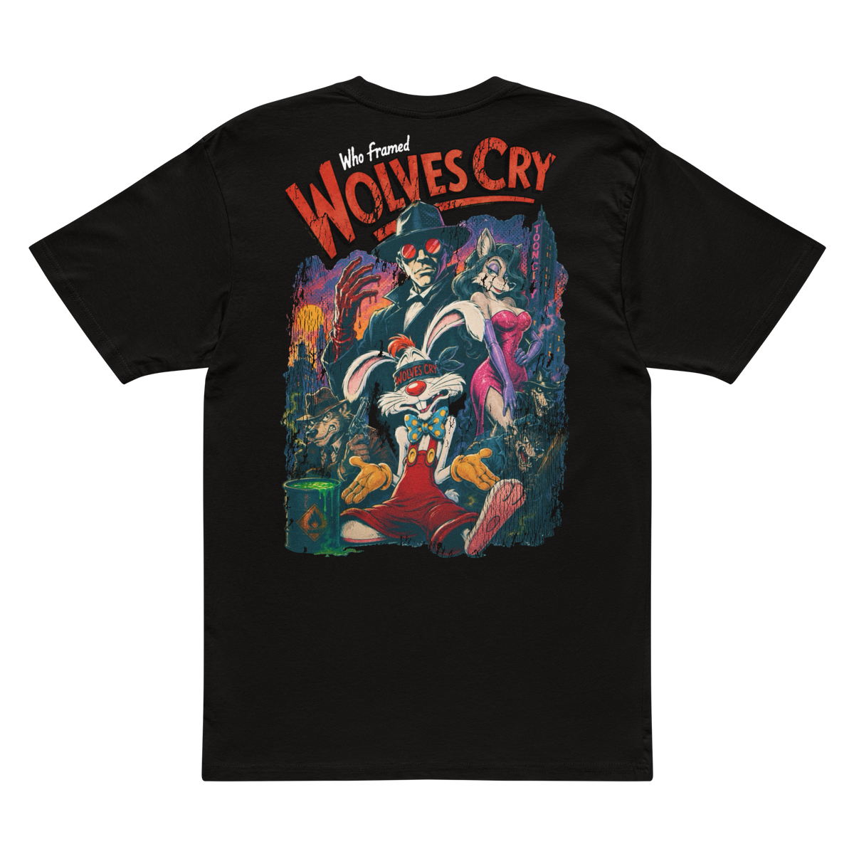Back view of the Wolves Cry Roger Rabbit Classic Tee in black, featuring a colourful vintage-style character graphic and “Who Framed Wolves Cry” lettering.
