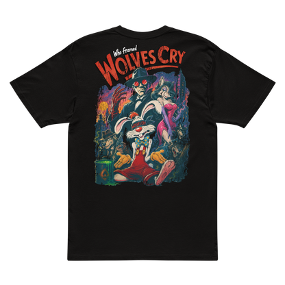 Back view of the Wolves Cry Roger Rabbit Classic Tee in black, featuring a colourful vintage-style character graphic and “Who Framed Wolves Cry” lettering.