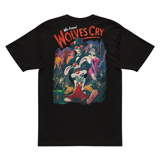 Back view of the Wolves Cry Roger Rabbit Classic Tee in black, featuring a colourful vintage-style character graphic and “Who Framed Wolves Cry” lettering.
