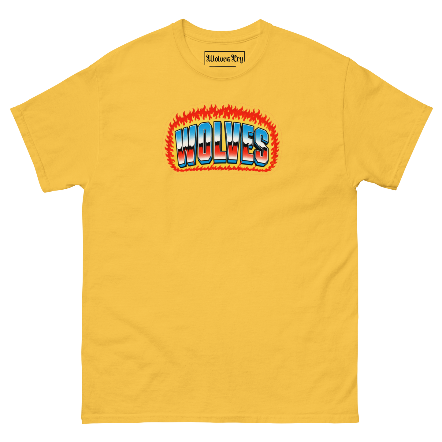 A yellow short-sleeve crewneck t-shirt featuring a retro-style graphic on the chest with the word 'WOLVES' in blue and white 3D letters outlined in red, set against a background of orange and red flames. The inner collar label shows the brand 'Midlace Rug'.