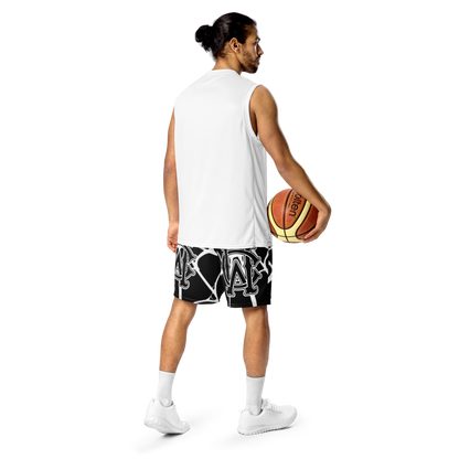 Model wearing the Wolves Cry Originals OG Mesh Shorts in black with a bold spider web design. Styled for a streetwear edge, these shorts blend performance and sustainability with a relaxed fit.