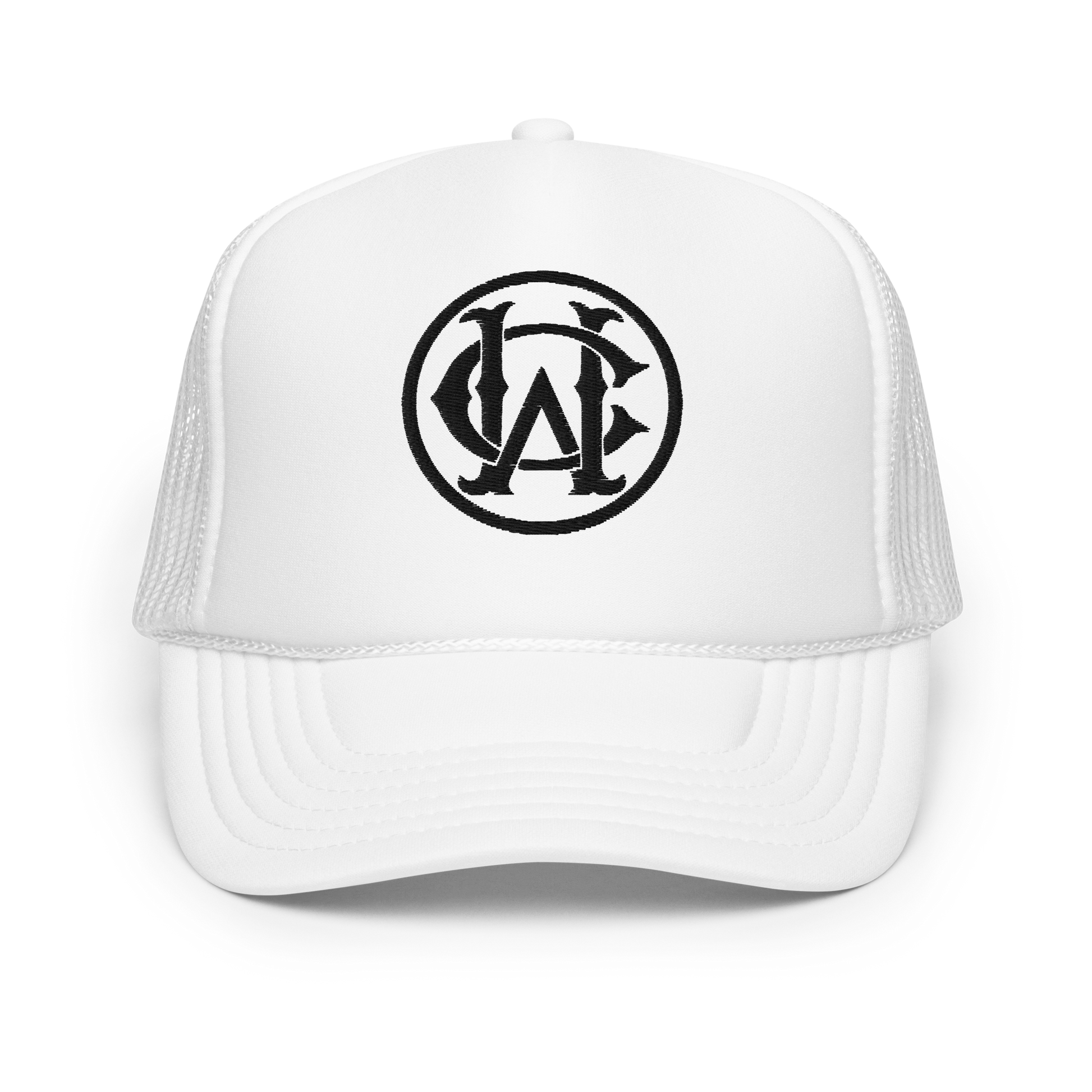 Wolves Cry White WC Foam Trucker Hat featuring the embroidered WC monogram logo on a white foam front, combining retro style with clean, bold design.