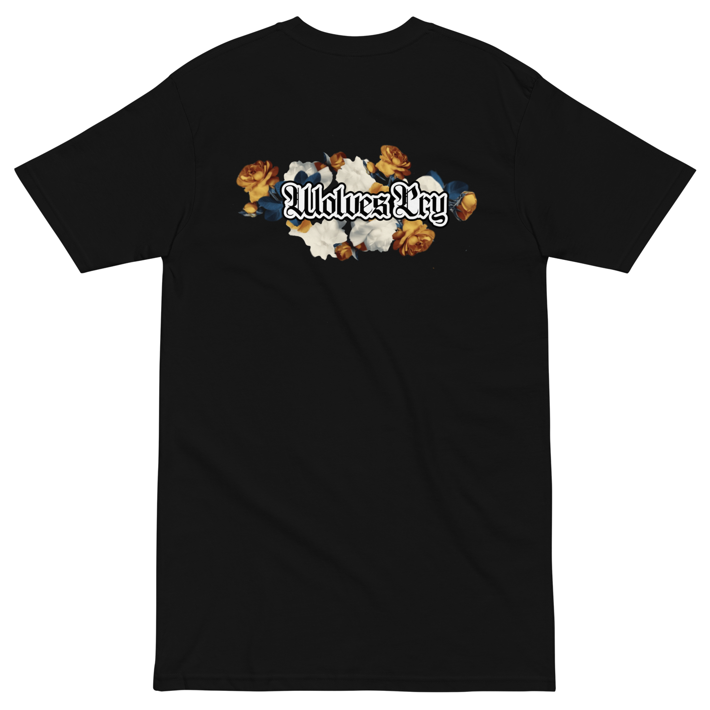 Black t-shirt with floral design and 'Wolves Cry' text on a white background
