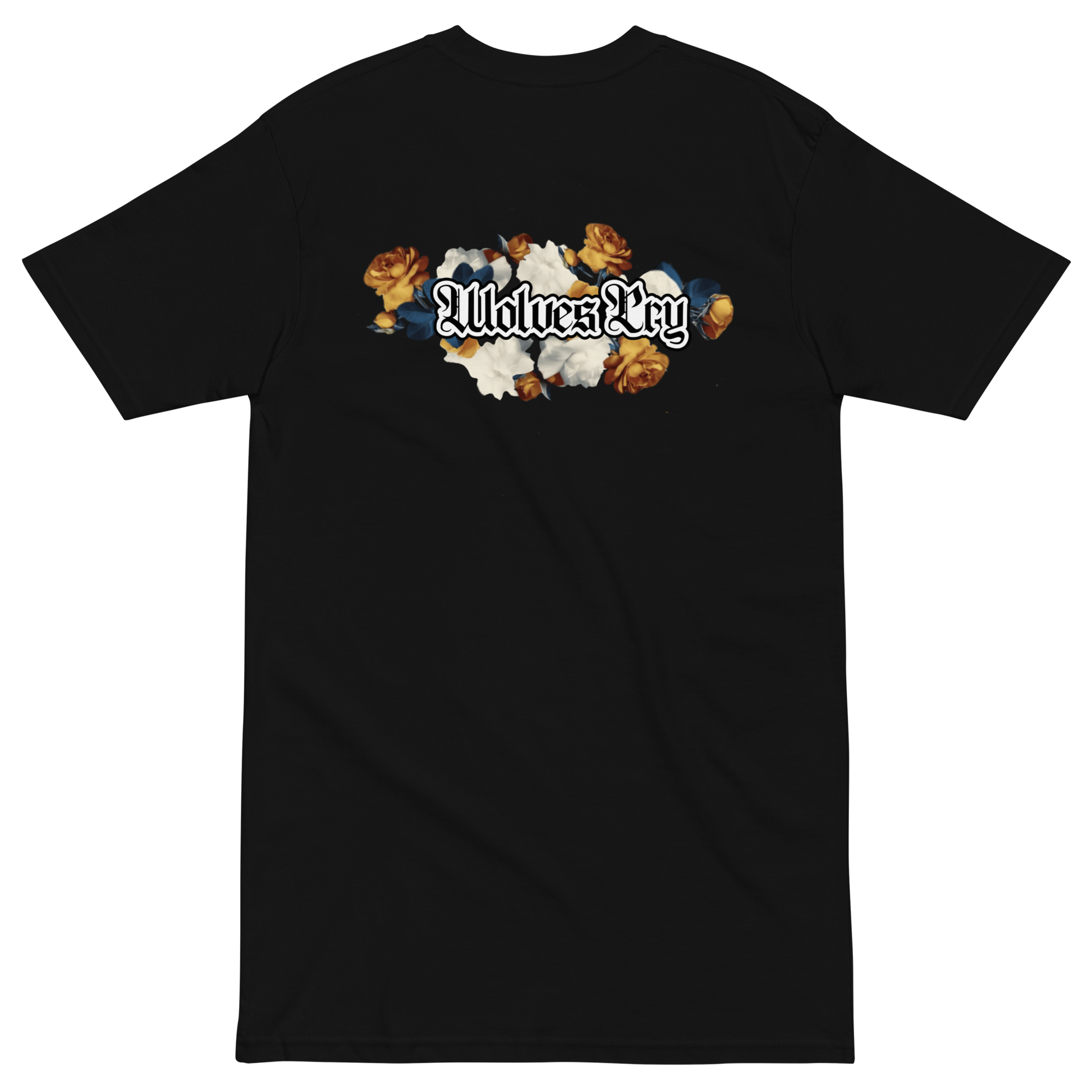 Black t-shirt with floral design and 'Wolves Cry' text on a white background