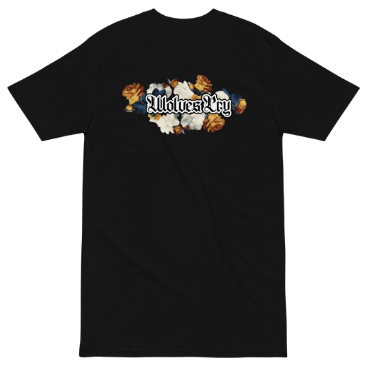 Black t-shirt with floral design and 'Wolves Cry' text on a white background