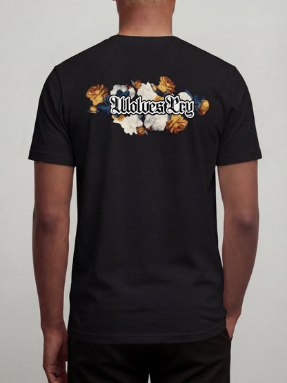 Model wearing Wolves Cry Bousquet tee black back floral graphic heavyweight t-shirt