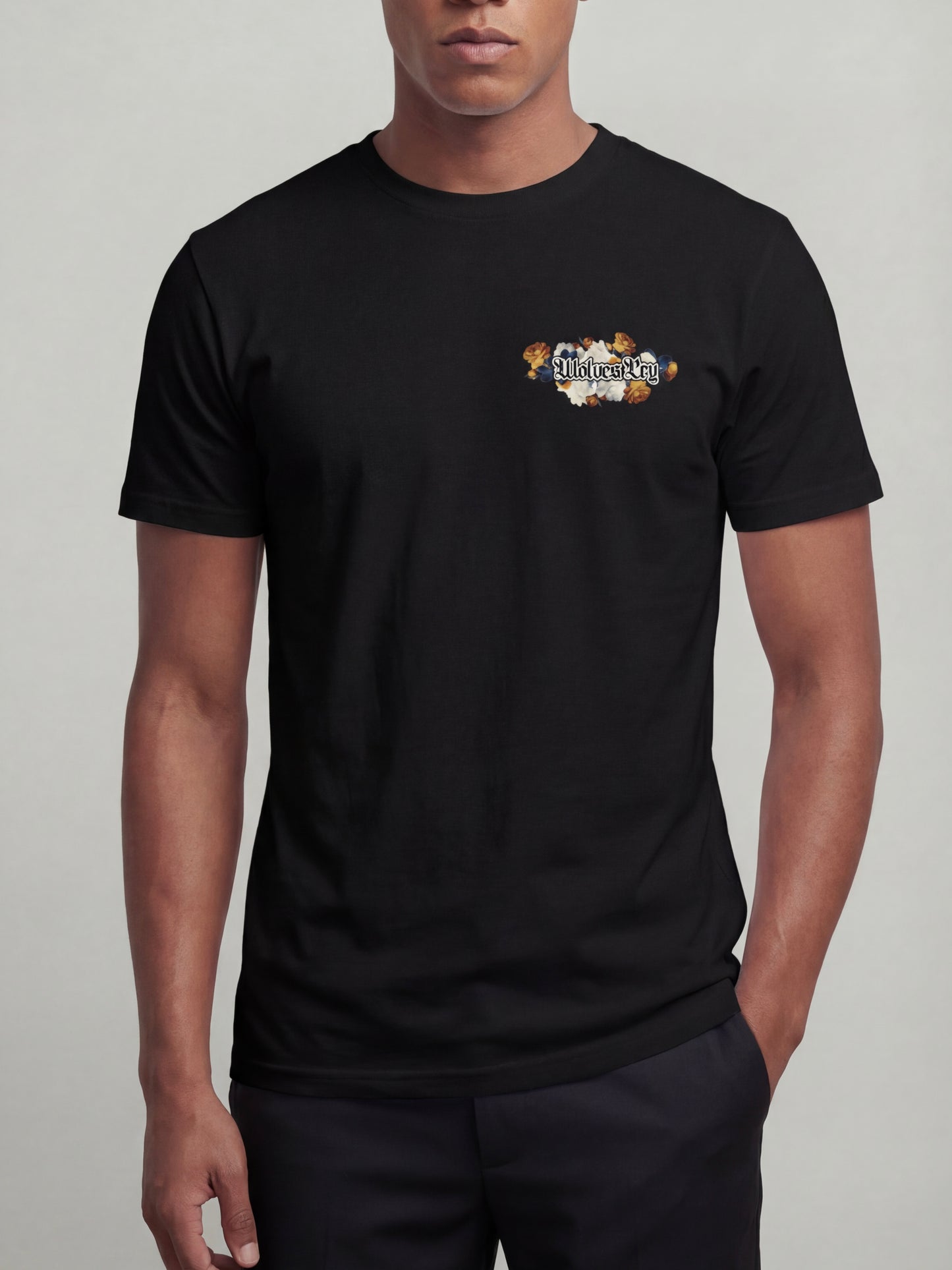 Model wearing Wolves Cry Bousquet tee black front graphic heavyweight t-shirt