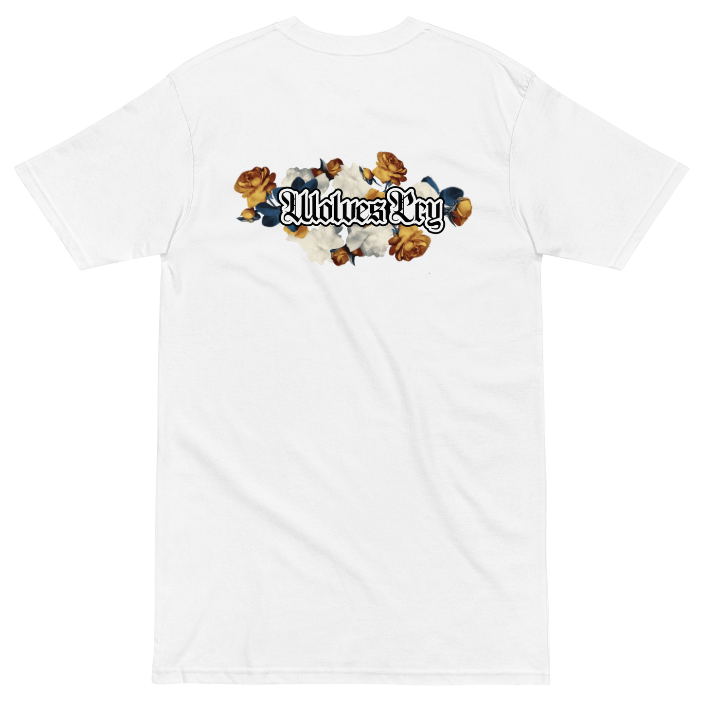 White t-shirt with floral design and 'Wolves cry' text on a white background