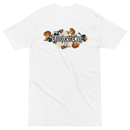 White t-shirt with floral design and 'Wolves cry' text on a white background