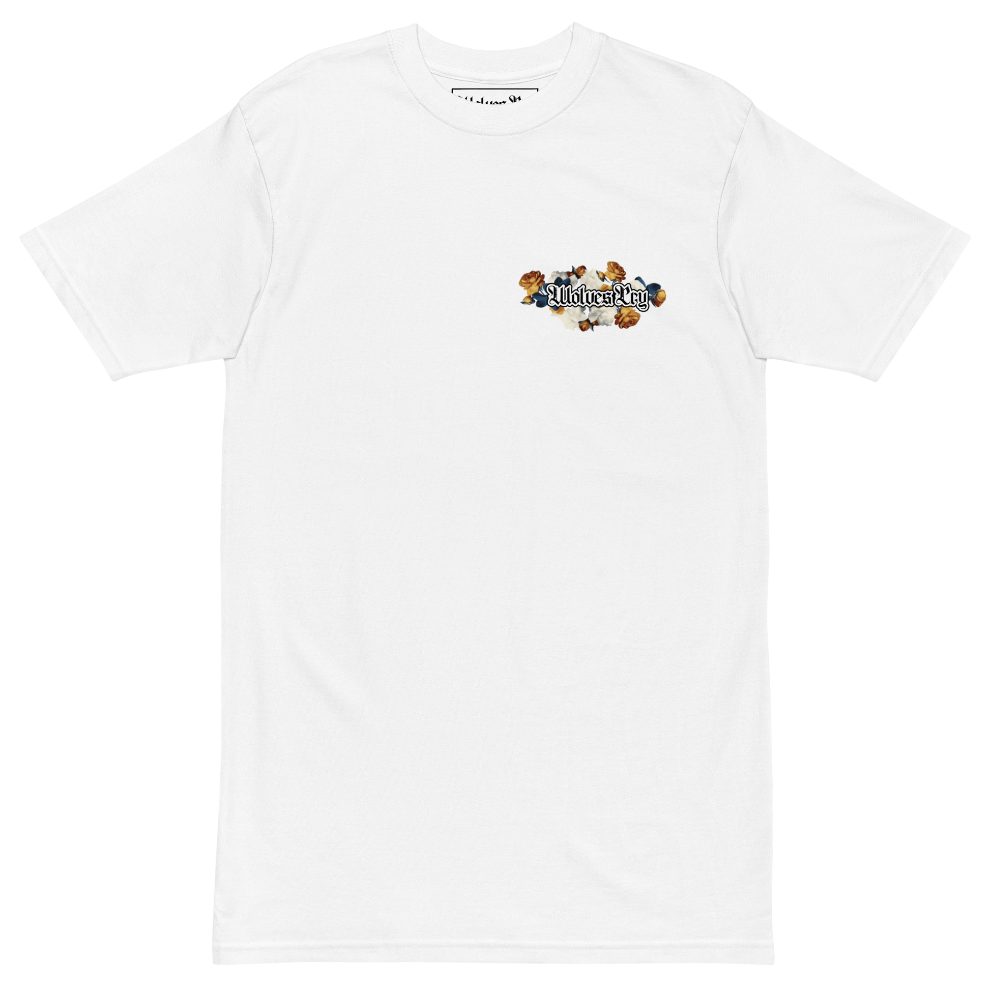 White t-shirt with a colorful graphic on a white background, wolves cry originals bousquet tee shirt 