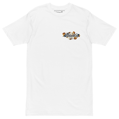 White t-shirt with a colorful graphic on a white background, wolves cry originals bousquet tee shirt 