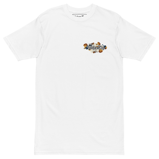 White t-shirt with a colorful graphic on a white background, wolves cry originals bousquet tee shirt 