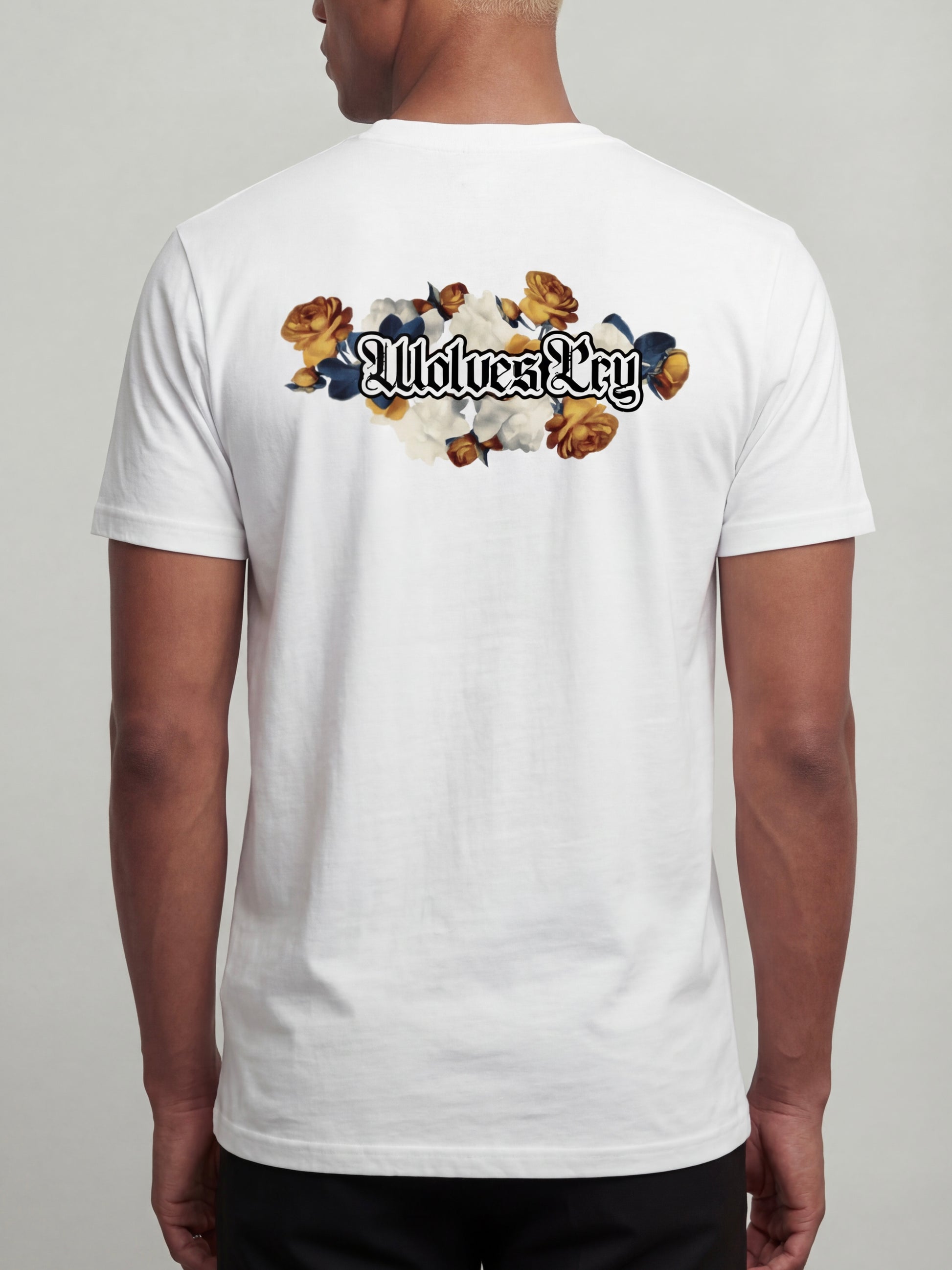Model wearing Wolves Cry Bousquet tee white back floral graphic heavyweight t-shirt