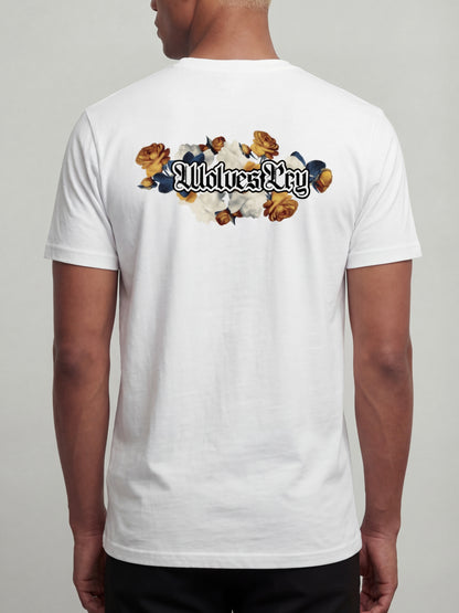 Model wearing Wolves Cry Bousquet tee white back floral graphic heavyweight t-shirt