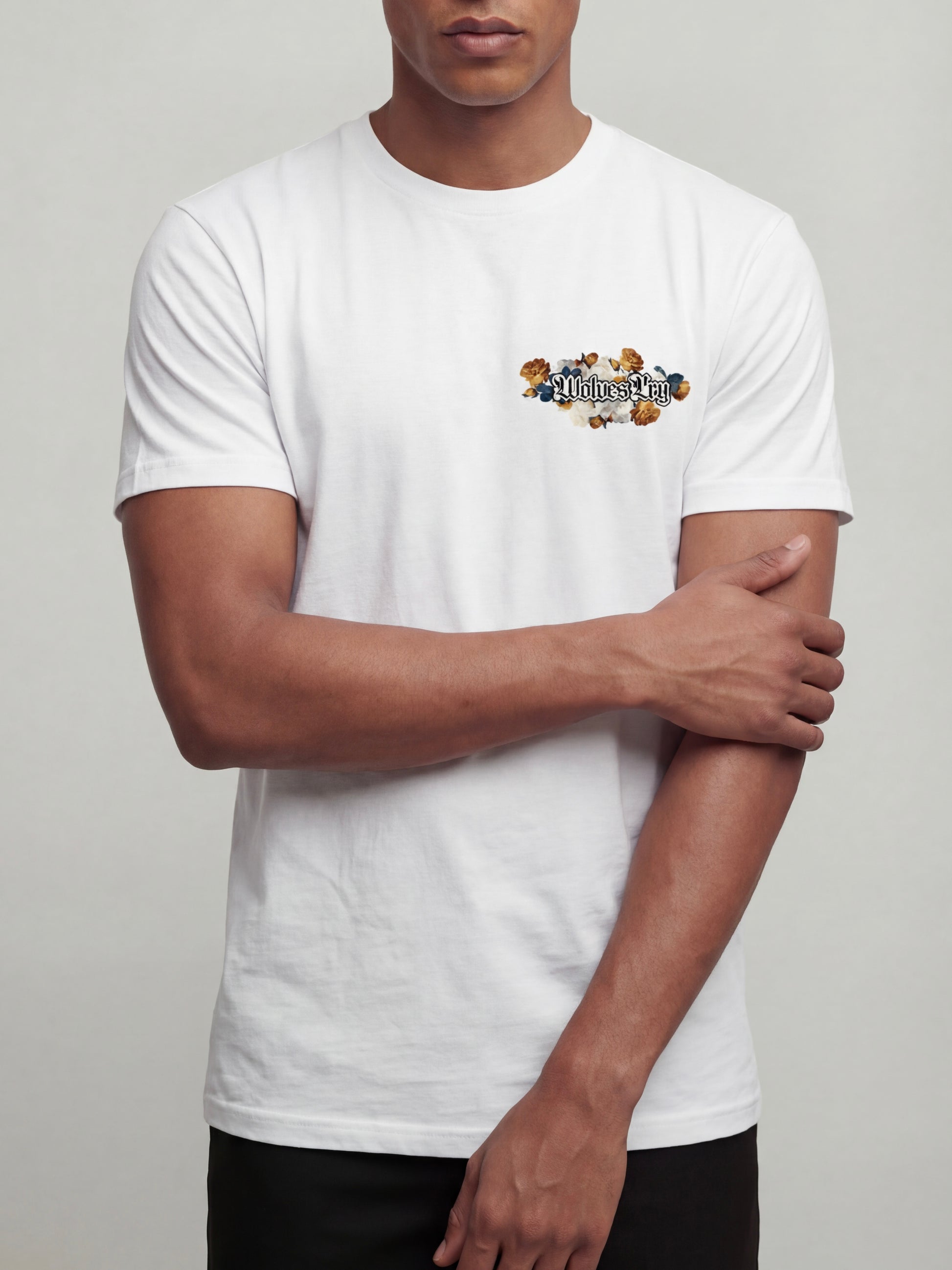 Model wearing Wolves Cry Bousquet tee white front graphic heavyweight t-shirt