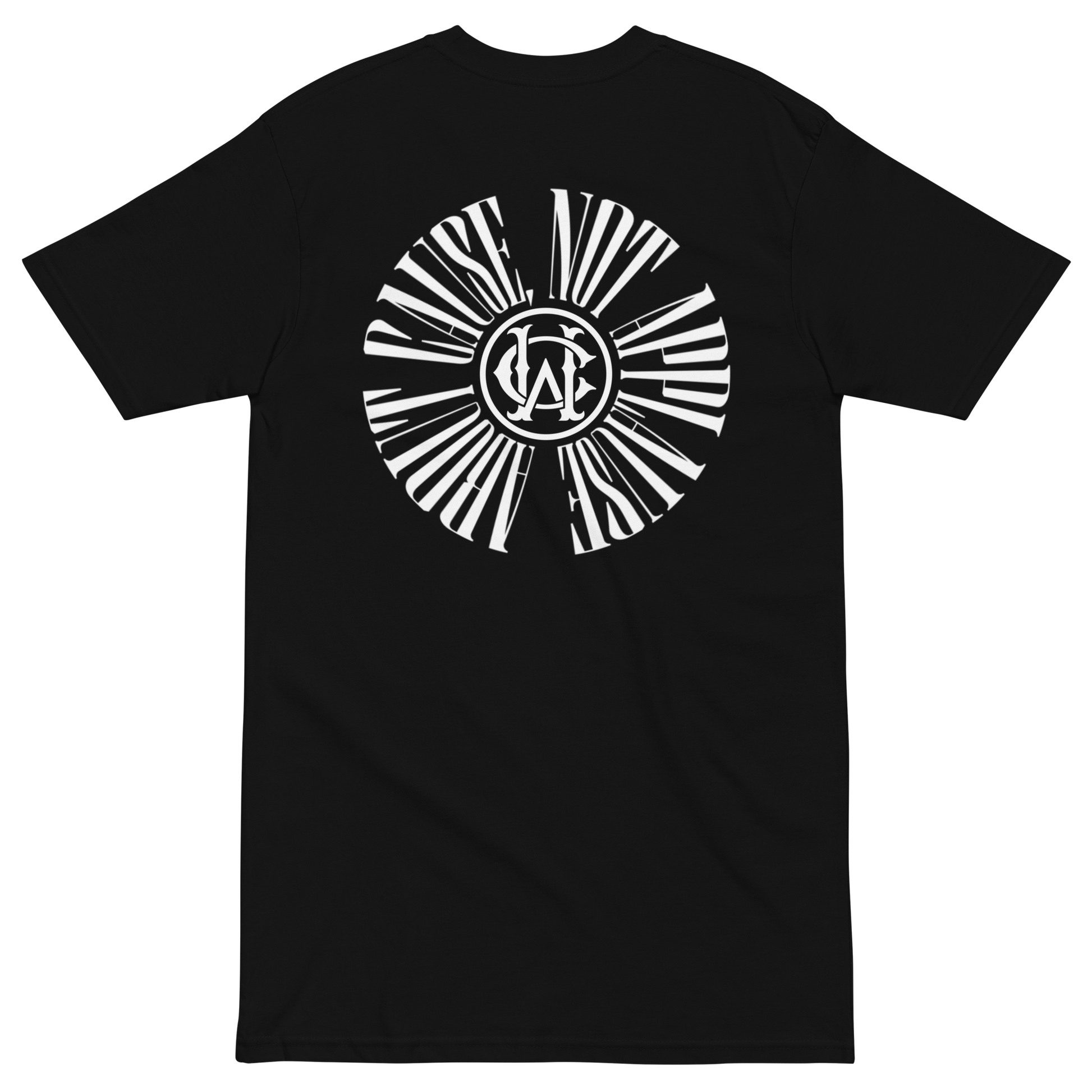 Back of black streetwear tee with bold circular “About Cause Not Applause” print in white
