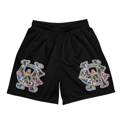 Black WC Shadow Floral Mesh Shorts with high-contrast Wolves Cry logo on front