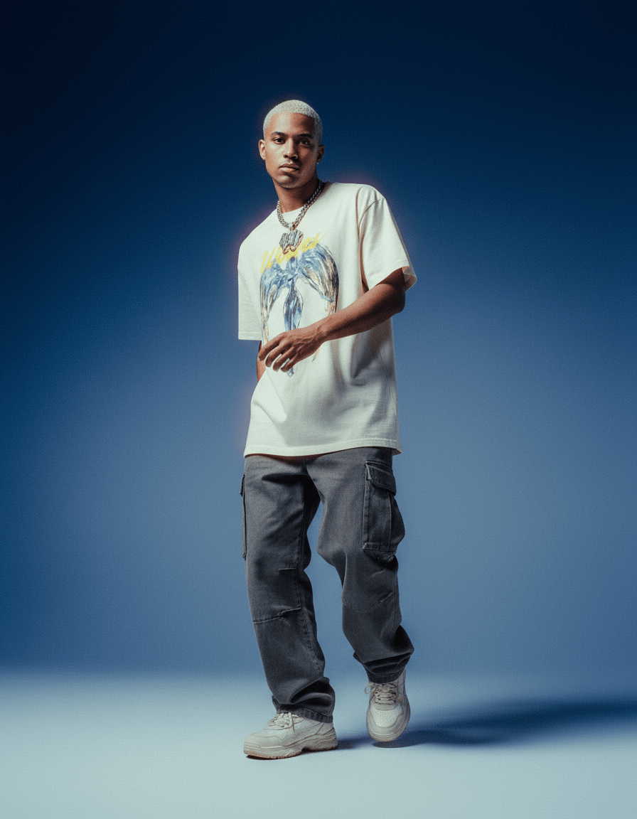 Wolves Cry Originals Angels tee in bone photographed under deep blue studio lighting for a bold streetwear look.