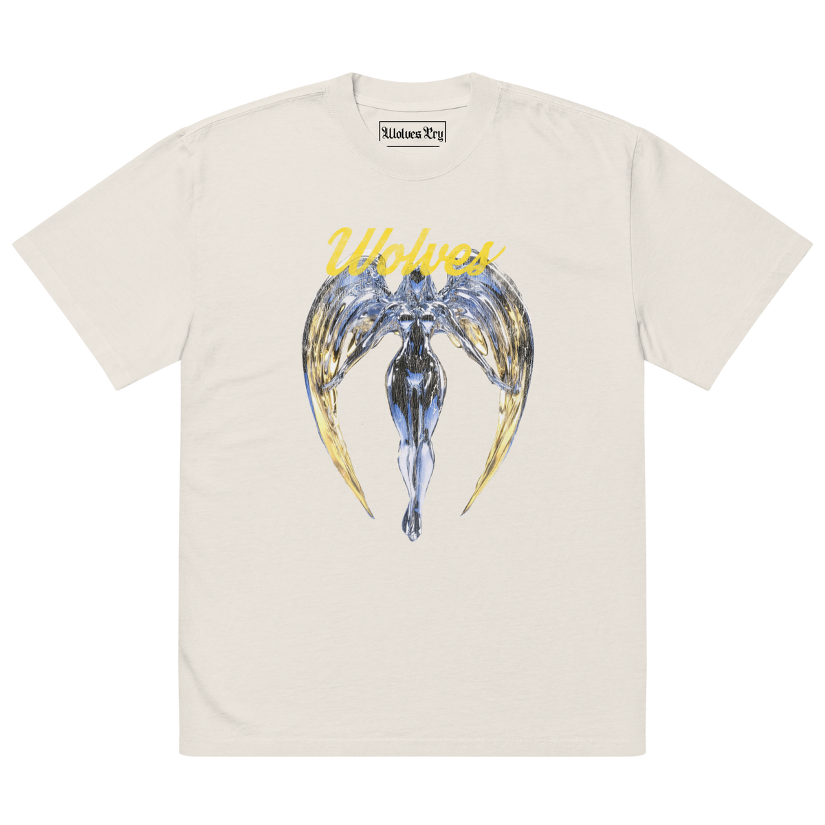 Wolves Cry Originals oversized Angels tee in bone with metallic angel graphic and Wolves Cry signature lettering.