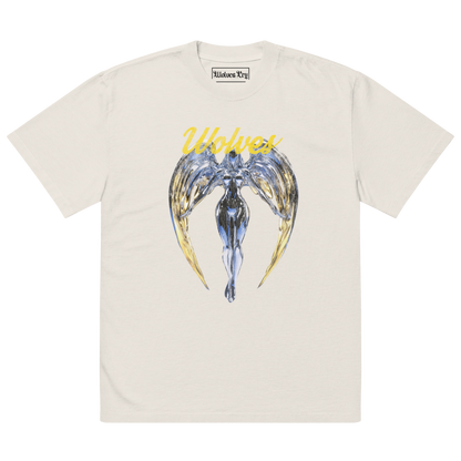 Wolves Cry Originals oversized Angels tee in bone with metallic angel graphic and Wolves Cry signature lettering.
