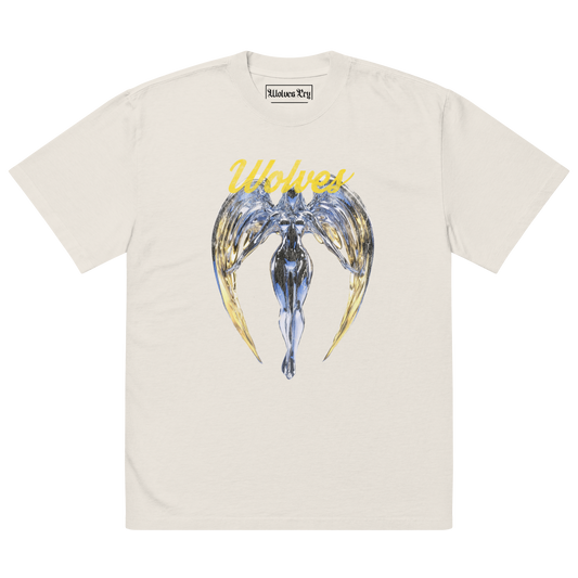 Wolves Cry Originals oversized Angels tee in bone with metallic angel graphic and Wolves Cry signature lettering.